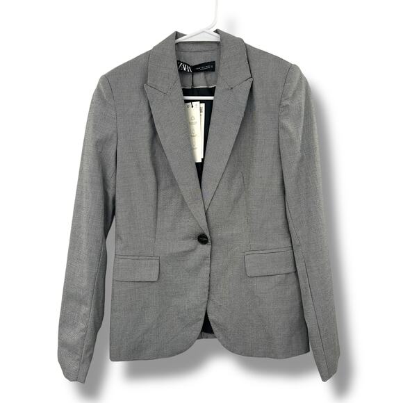 NEW Zara Blazer Size 2 Black & White Houndstooth Plaid Fitted Suit Jacket NWT - Picture 2 of 9